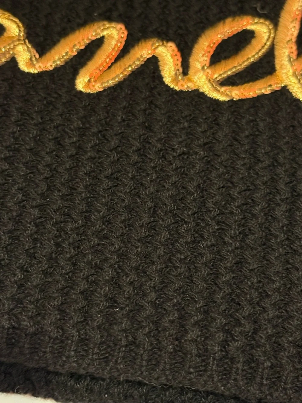 CHANEL Black Cashmere Logo Scarf Embroidered Sequin Cursive Logo-Season 2022